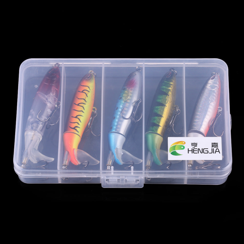 5pcs box set HENGJIA 10cm 13.5g Topwater Fishing Lures Whopper Popper for Bass Catfish Pike Perch Floating Pencil Bait With Rotating Tail for Freshwater or Saltwater