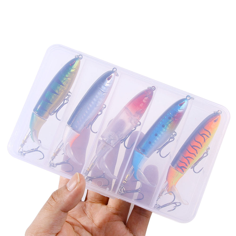 5pcs box set HENGJIA 10cm 13.5g Topwater Fishing Lures Whopper Popper for Bass Catfish Pike Perch Floating Pencil Bait With Rotating Tail for Freshwater or Saltwater